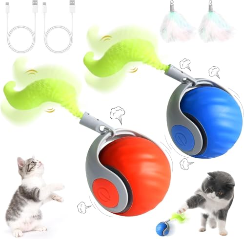 Interaktives Katzenball Spielzeug, Wiederaufladbarer Elektrisch Katzenspielzeug Ball, 2 Arbeitsmodi mit LED Licht, Aufladbar 360° Interactive Hunting Toy für Katzen und Kätzchen (Rot+Blau, 2 Stück) von MZU