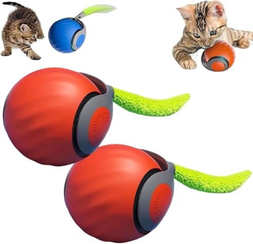 Interaktives Katzenball Spielzeug, Wiederaufladbarer Elektrisch Katzenspielzeug Ball, 2 Arbeitsmodi mit LED Licht, Aufladbar 360° Interactive Hunting Toy für Katzen und Kätzchen (Rot, 2 Stück) von MZU