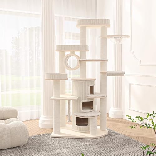 Luxuriöser Katzenbaum aus Massivholz mit Hängematte & Sichtkuppel – 207cm hohe Katzenburg für große Katzen, mehrstöckig & stabil – Cat Castle (95 * 70 * 196cm) von MZU