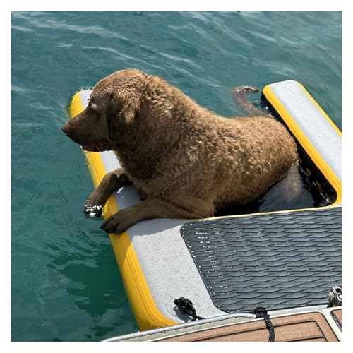 Dog Dock Plattform Groß, 1,5m Aufblasbare Hund Wasser Rampe Faltbar Wiederverwendbar, Maximale Belastung 105kg, Hund Schwimmende Leiter Mit 3 3D Schritte & 3 Nylon Griff & 4 D-Ring(Yellow) von MZZKFC