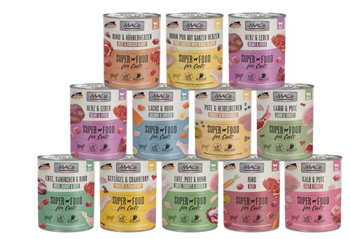 Mac's Cat 12 x 800g Mixpaket | Garantierter 6-Sorten-Mix | Getreidefreies Premium-Nassfutter für Katzen | Ideale Kombination aus hochwertigen Zutaten von Mac's