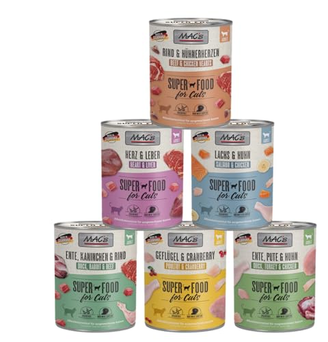 Mac's Cat 6 x 800g Mixpaket | Garantierter 6-Sorten-Mix | Getreidefreies Premium-Nassfutter für Katzen | Ideale Kombination aus hochwertigen Zutaten von Mac's