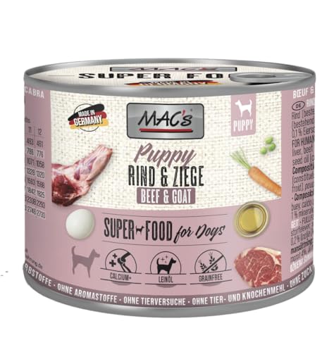MAC’s Dog Puppy Rind & Ziege 6 x 200g | Getreidefreies Nassfutter für Welpen | Hoher Fleischanteil >90% | Leicht verdaulich | Mit Calcium für Knochenwachstum MAC’s Dog Puppy Rind & Ziege 6 x 200g | Getreidefreies Nassfutter für Welpen | Hoher Fleischanteil >90% | Leicht verdaulich | Mit Calcium für Knochenwachstum von Mac's
