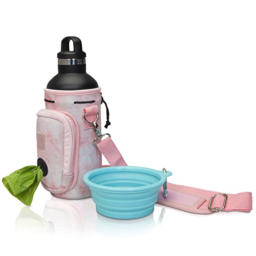 Made Easy Kit Wasserflaschenträger mit Tasche für Hundekotbeutel und verstellbarem, gepolstertem Schultergurt (groß (907.2 g) mit Schüssel, Rosa, Marmor) von Made Easy Kit