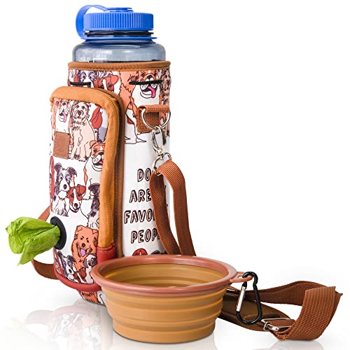 Made Easy Kit Wasserflaschen-Tragetasche mit Tasche für Hundekotbeutel und verstellbarem, gepolstertem Schultergurt (groß und groß (1,1 oz) mit Napf, Hundeliebhaber, braun) von Made Easy Kit