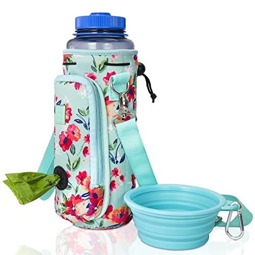 Made Easy Kit Wasserflaschen-Tragetasche mit Tasche für Hundekotbeutel und verstellbarem, gepolstertem Schultergurt (groß und groß (1,1 oz) mit Schüssel, blaugrünes Blumenmuster von Made Easy Kit