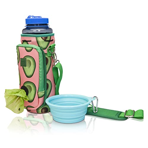 Made Easy Kit Wasserflaschen-Tragetasche mit Tasche für Hundekotbeutel und verstellbarem, gepolstertem Schultergurt (groß und groß (1,1 oz) mit Schüssel, grün/rosa, Avocado) von Made Easy Kit