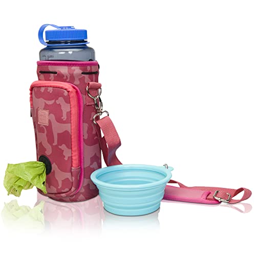 Made Easy Kit Wasserflaschen-Tragetasche mit Tasche für Hundekotbeutel und verstellbarem, gepolstertem Schultergurt (groß und groß (1,1 oz) mit Schüssel, rosa, Hunde-Silhouetten) von Made Easy Kit