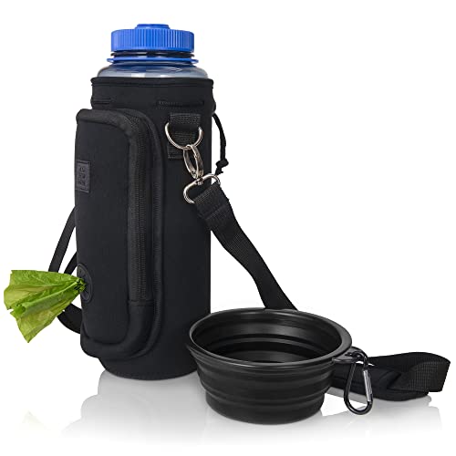 Made Easy Kit Wasserflaschen-Tragetasche mit Tasche für Hundekotbeutel und verstellbarem, gepolstertem Schultergurt (groß und groß (1,1 oz) mit Schüssel, schwarz) von Made Easy Kit
