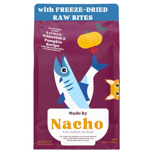 Made by Nacho Premium Trockenfutter Katzenfutter High Protien Trockenfutter mit Knochenbrühe, 4,5 kg Beutel (nachhaltig gefangener Lachs, Weißfisch & Kürbis) von Made by Nacho