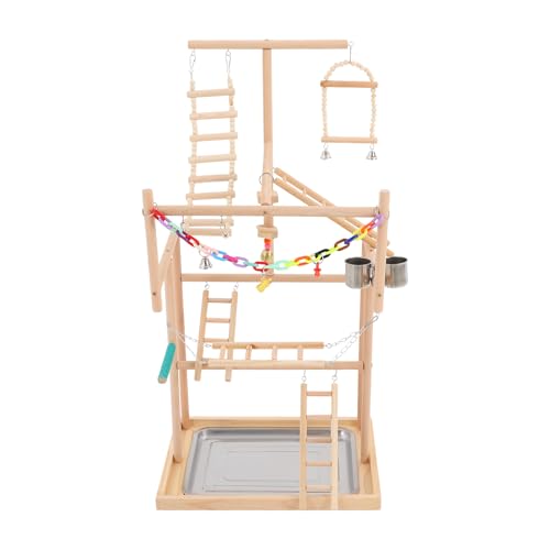 Papagei Vogelspielplatz 48x33,5x94,5cm Buchenholz Vögel Spielplatz Bodenbefestigung Vogel Spielplatz mit 4 rutschfeste Polster 1 Tablett und 2 Futterbecher von Madelynn