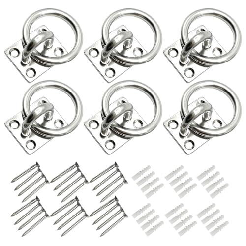 Mafagwre 6 Stück Anbindering Pferd, Quadratisch Anbinderingpferd, Augplatte Edelstahl Mit Schrauben, Heunetz Für Pferde, Wandhaken Mit Schraube, Edelstahl Augplatte Mit Ring M5 Ösen Halterung (A) von Mafagwre
