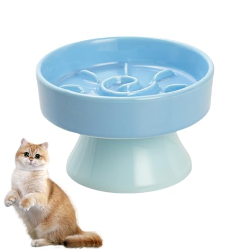 Mafagwre Anti Schling Napf Katze Keramik, Keramik Napf Katze Erhöht, Anti-Erbrechen Katzennäpfe Futternapf, Langsam Fütterung Katzennapf, Erhöhter Katzennapf Für Katzen Und Kleine Hunde (Blue) von Mafagwre