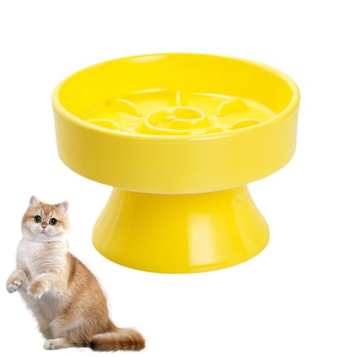 Mafagwre Anti Schling Napf Katze Keramik, Keramik Napf Katze Erhöht, Anti-Erbrechen Katzennäpfe Futternapf, Langsam Fütterung Katzennapf, Erhöhter Katzennapf Für Katzen Und Kleine Hunde (Yellow) von Mafagwre