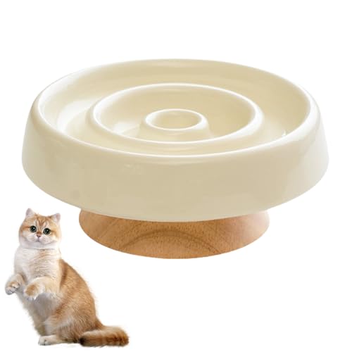 Mafagwre Antischlingnapf Hunde Keramik, Slow Feeder Napf Aus Keramik Für Hunde Und Katzen Mit Holzsockel, Katzennapf Für Nassfutter/Trockenfutter, Auslaufsicherer Slow Eating Katzennapf (Beige) von Mafagwre