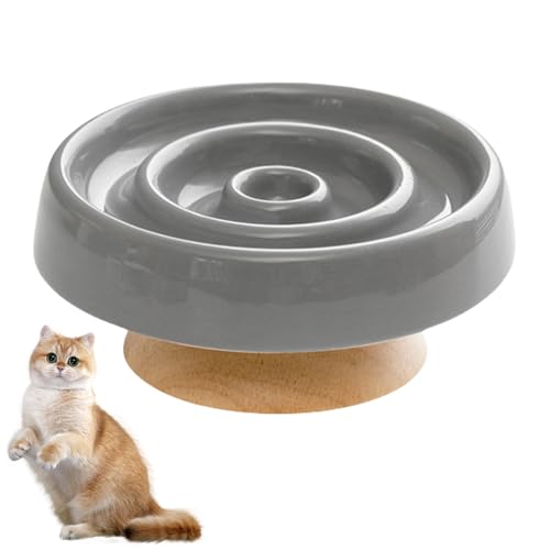 Mafagwre Antischlingnapf Hunde Keramik, Slow Feeder Napf Aus Keramik Für Hunde Und Katzen Mit Holzsockel, Katzennapf Für Nassfutter/Trockenfutter, Auslaufsicherer Slow Eating Katzennapf (Grau) von Mafagwre