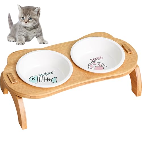 Mafagwre Katzennapf Erhöht Keramik, 2 Pcs Fressnapf Katze Aus Keramik Mit Holz Ständer, Napferhöhung Katzen, Anti-Erbrechen Futterstation Katzen Für Kätzchen Und Kleine Hunde (A) von Mafagwre
