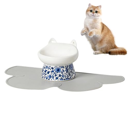 Mafagwre Keramik Katze Erhöhter Futternapf, Erhöhter Katzennapf Mit Futtermatte, Futternapf Katze für Anti-Erbrechen, langsamer futternapf mit neigbarem Design für Katzen und kleine Hunde (Blue) von Mafagwre