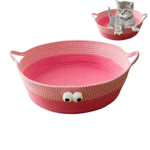Mafagwre Rund Rattan Katzenhütte, Katzenkorb zum Schlafen aus Baumwollseilen, Haustierbett Bett für Katzen, Handgefertigter Rattankorb Katzenkorb, 40x35x13cm (Rosa) von Mafagwre
