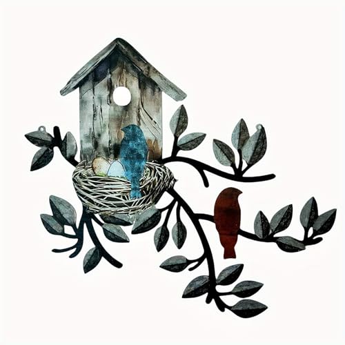 Mafagwre Vogel-Wandkunst hängender Metallbaum mit Vogelhäuschen, Wandkunstdeko aus Metall mit Vogelmotiv, Outdoor Wanddeko Metall Baum mit Vogelhaus, für den Innen- und Gartens von Mafagwre