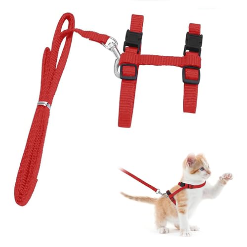 MagiSel Katzengeschirr Ausbruchsicher, Verstellbar, H-Form-Schultergurte, Sicherheitsschnalle, Metallclip, Dritter Gurt, Nylon, Rot, 20-35 cm, Für Kleine Katzen, Kaninchen Und Hunde von MagiSel