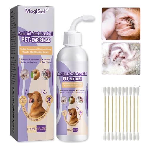 MagiSel Ohrenreiniger Hund, OhrenReiniger für Haustiere, Hund Ohrentropfen stoppen Ohren Entzündungen und Juckreiz, Haustier Ohrreiniger für Hunde und Katzen, Hundeohrreinigungslösung, 118 ml von MagiSel