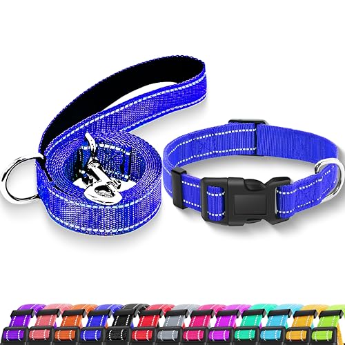 Maiiu Reflektierendes Hundehalsband mit Sicherheitsschnalle, verstellbar, weich, atmungsaktiv, Nylon, für kleine, mittelgroße und große Hunde (Halsband + Leine, XS, Breite 0,95 cm, Marineblau) von Maiiu