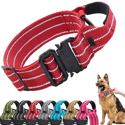 Maiiu Taktisches Hundehalsband, verstellbares militärisches Training, reflektierendes Nylon-Hundehalsband mit Kontrollgriff, robuste Metallschnalle für mittelgroße und große Hunde (M, Rot) von Maiiu