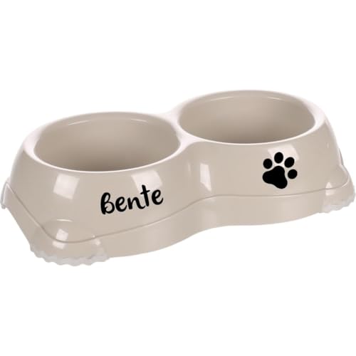 Petslino - Personalisierter Doppelnapf Duplex Leno Classic 2×330 ml – Kunststoff-Napfhalter mit 2 fest integrierten Näpfen – rutschfest & Spülmaschinengeeignet (Beige) von Mainely