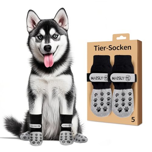 Maisly 5Stück Doppelseitige Anti-Rutsch Hundesocken mit Verstellbaren Riemen für Innen- und Außenbereich - Pfotenschutz und Traktionskontrolle auf Hartholzboden (Schwarz, XS) von Maisly