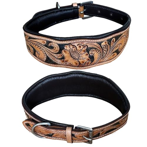 Majestic Ally Handgefertigtes Leder-Hundehalsband, Blumendesign, farbige Einlage, Antik-Natur-Finish (Schwarz, Größe S) von Majestic Ally
