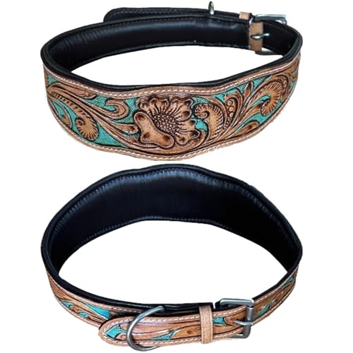 Majestic Ally Handgefertigtes Leder-Hundehalsband, Blumendesign, farbige Einlage, Antik-Natur-Finish (Türkis, Größe M) von Majestic Ally