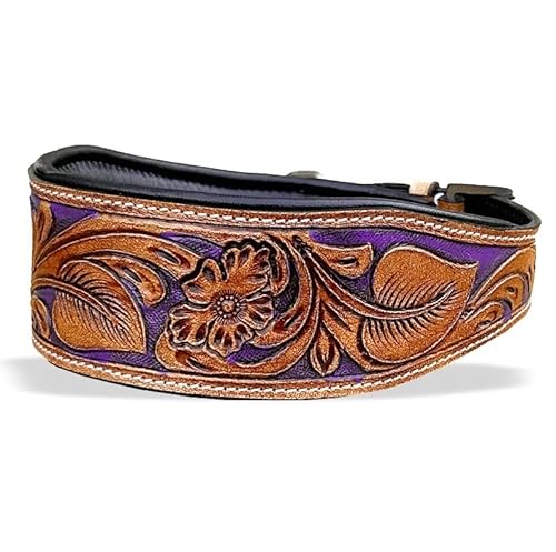 Majestic Ally Hundehalsband aus Leder, handgefertigt, gepolstert, antikes Finish mit farbigem Akzent, 4 Größen (Natur – Lila, M) von Majestic Ally