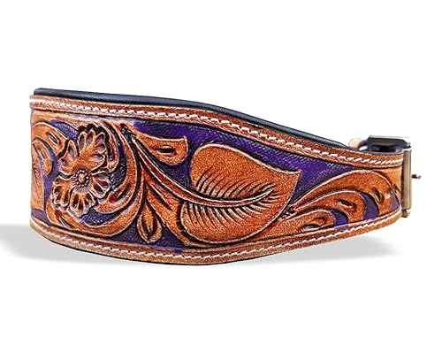 Majestic Ally Hundehalsband aus Leder, handgefertigt, gepolstert, antikes Finish mit farbigem Akzent, 4 Größen (Natur – Violett, XL) von Majestic Ally
