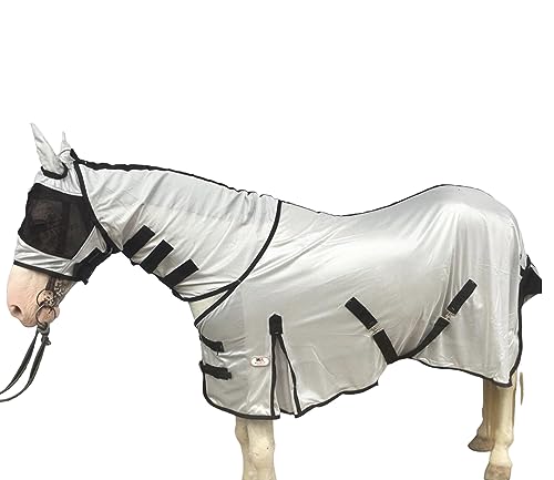 Majestic Ally Pferdefliegendecke mit Nackenschutz und Kopfmaske, atmungsaktiver UV- und Beißschutz, verstellbare Körperriemen, Boarding- oder Turnout-Zubehör, konturierte Passform (Silber, 203,4 cm) von Majestic Ally