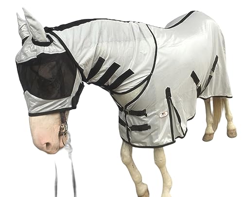 Majestic Ally Pferdefliegendecke mit Nackenschutz und Kopfmaske, atmungsaktiver UV- und Beißschutz, verstellbare Körperriemen, Boarding- oder Weichenzubehör, konturierte Passform (Silber, 183 cm) von Majestic Ally