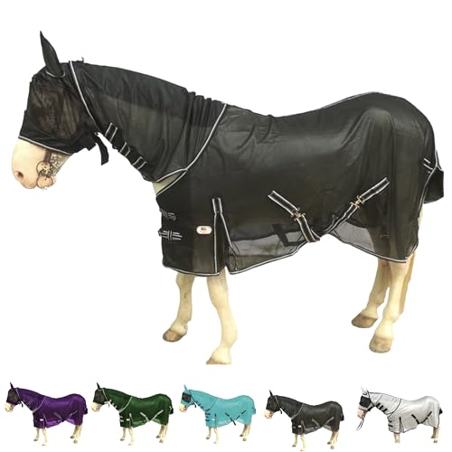 Majestic Ally Pferdefliegendecke mit Nackenschutz und Kopfmaske, atmungsaktiver UV- und Beißschutz, verstellbare Körperriemen, Boarding- oder Weichenzubehör, konturierte Passform (schwarz, 183 cm) von Majestic Ally
