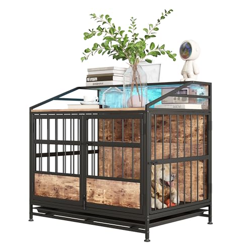 Maliacife Hundekäfig-Möbel mit LED-Lichtern, robuste Hundehütte aus Holz mit Doppeltüren, Hundehütte für den Innenbereich für kleine, mittelgroße Hunde, Beistelltisch mit Regalen, Schwarz und Braun von Maliacife