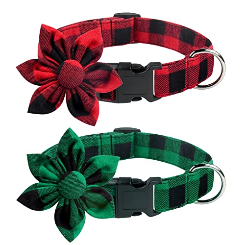 Malier 2 Stück Weihnachten Hundehalsband mit Blume, klassisches Buffalo Plaid Hund Weihnachtshalsband mit langlebiger Schnalle Haustier Halsbänder für kleine, mittelgroße und große Hunde Katzen von Malier