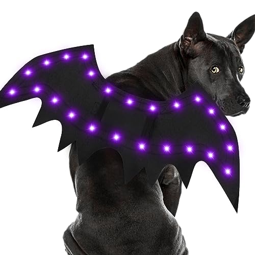Malier Leuchtende Hunde-Halloween-Kostüm, 20 LED-Hunde-Fledermausflügel, Halloween-Cosplay-Kostüm mit violetten Lichtern, lustige Halloween-Kleidung, Thanksgiving-Geschenke für Hunde, Welpen, Katzen Malier Leuchtende Hunde-Halloween-Kostüm, 20 LED-Hunde-Fledermausflügel, Halloween-Cosplay-Kostüm mit violetten Lichtern, lustige Halloween-Kleidung, Thanksgiving-Geschenke für Hunde, Welpen, Katzen von Malier