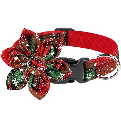 Malier Weihnachten Hundehalsband mit Blume, Klassisches Buffalo Plaid Hundehalsband mit Hardware Schnalle Verstellbares Halsband mit Fliege für kleine, mittelgroße und große Hunde Welpen (Medium, Rot von Malier