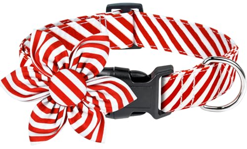 Malier Weihnachten Hundehalsband mit Blume, Rot Hund Weihnachtshalsband mit Schnalle Verstellbares Baumwolle Halsband für Kleine Mittlere Große Hunde Welpe (Klein, Rot Streifen) von Malier