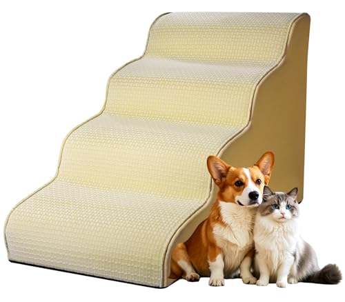 Hundetreppe für kleine Hunde, 4-stufige Hundetreppe für Hochbett, Couch, Sofa und Stuhl, mit gepolsterter Stützschicht, rutschfeste, ausgewogene Haustierrampe für den Innenbereich, Beige Hundetreppe für kleine Hunde, 4-stufige Hundetreppe für Hochbett, Couch, Sofa und Stuhl, mit gepolsterter Stützschicht, rutschfeste, ausgewogene Haustierrampe für den Innenbereich, Beige von Malomatt