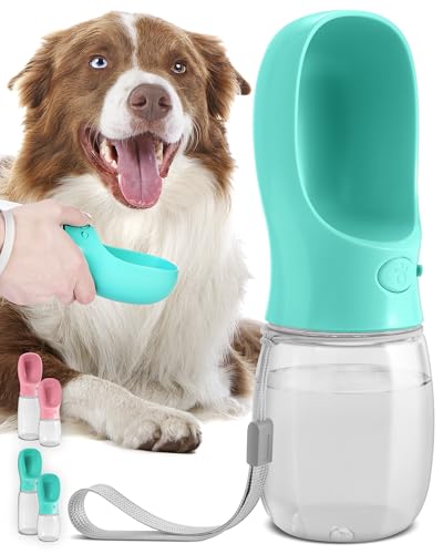MalsiPree Hunde Wasserflasche - Auslaufsicher & Tragbarer Welpen Wasserspender mit Trinkfutterstation für Haustiere - Hundezubehör zum Spazierengehen, Wandern, Reisen - Welpen Zubehör - Blau, 350ML von MalsiPree