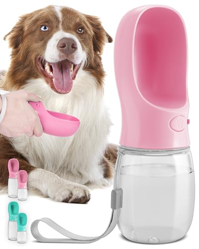 MalsiPree Hunde Wasserflasche - Auslaufsicher & Tragbarer Welpen Wasserspender mit Trinkfutterstation für Haustiere - Hundezubehör zum Spazierengehen, Wandern, Reisen - Welpen Zubehör - Rosa, 350ML von MalsiPree