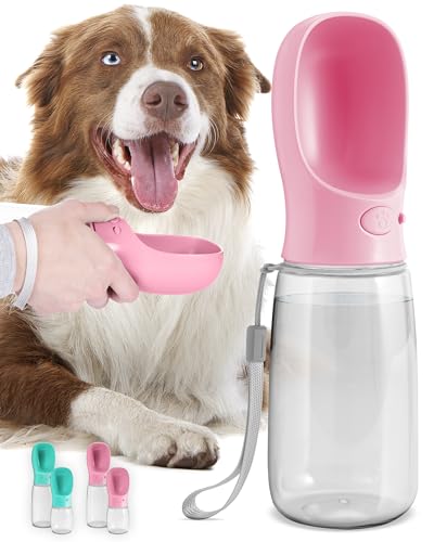 MalsiPree Hunde Wasserflasche - Auslaufsicher & Tragbarer Welpen Wasserspender mit Trinkfutterstation für Haustiere - Hundezubehör zum Spazierengehen, Wandern, Reisen - Welpen Zubehör - Rosa, 550ML von MalsiPree