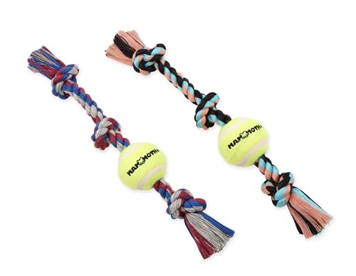 Mammoth Flossy Chews Hundespielzeug, 3 Knoten, mit Mini-Tennisball, Premium-Baumwoll-Polyester, interaktives Seil-Hundespielzeug, 27,9 cm, 2 Stück, verschiedene Farben von Mammoth Pet Products