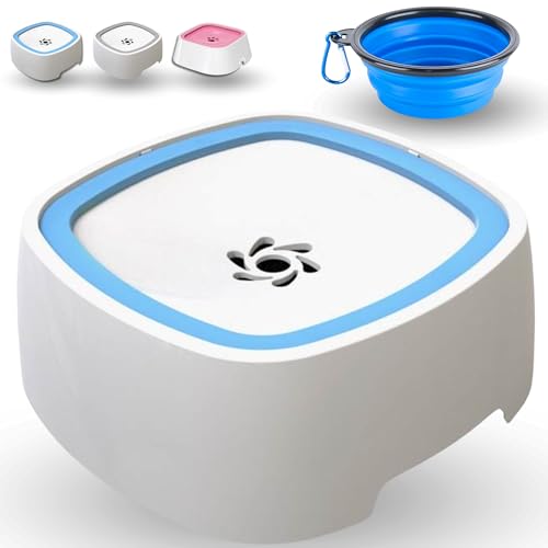 Manda® WASSERNAPF Hund ohne sabbern - Trinkbrunnen für Haustiere + Faltbare Schüssel als Geschenk. Kippsicher mit spritzfreiem Design. 1,5L Weiß und Blau. von MandA