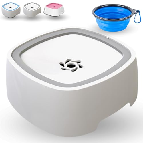 Manda® WASSERNAPF Hund ohne sabbern - Trinkbrunnen für Haustiere + Faltbare Schüssel als Geschenk. Kippsicher mit spritzfreiem Design. 1,5L Weiß und Grau von MandA