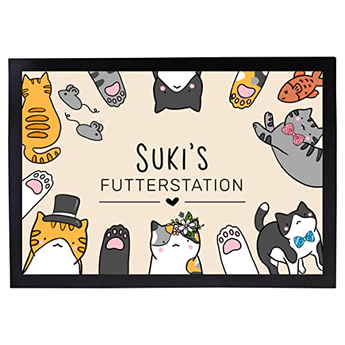 Napfunterlage Katzen personalisiert mit Namen Geschenk für Katzenbesitzer Katzenmama Katzenpapa rutschfest & waschbar schwarz (Futterstation - 40x60cm) von Manilu